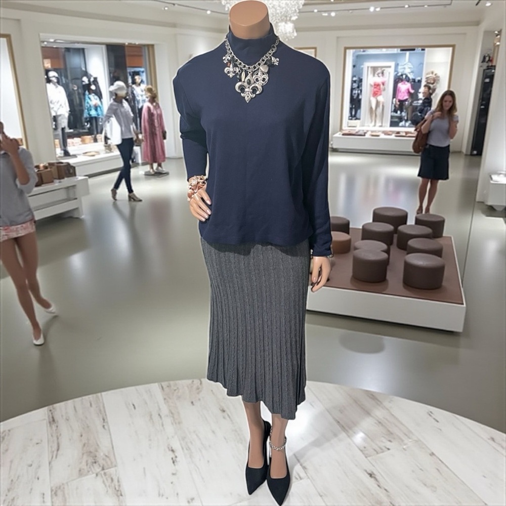 Navy Turtleneck Ellen Tracy Paired with a Ellen Tracy Gray Pleated Skirt c close - Picture 7 of 12